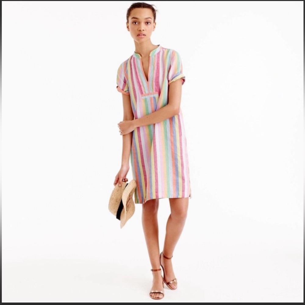 JCrew linen blend vertical rainbow striped mini dress w/ pockets. Size S, new